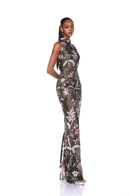 NEW LEONA EMBROIDERED HALTERNECK GOWN