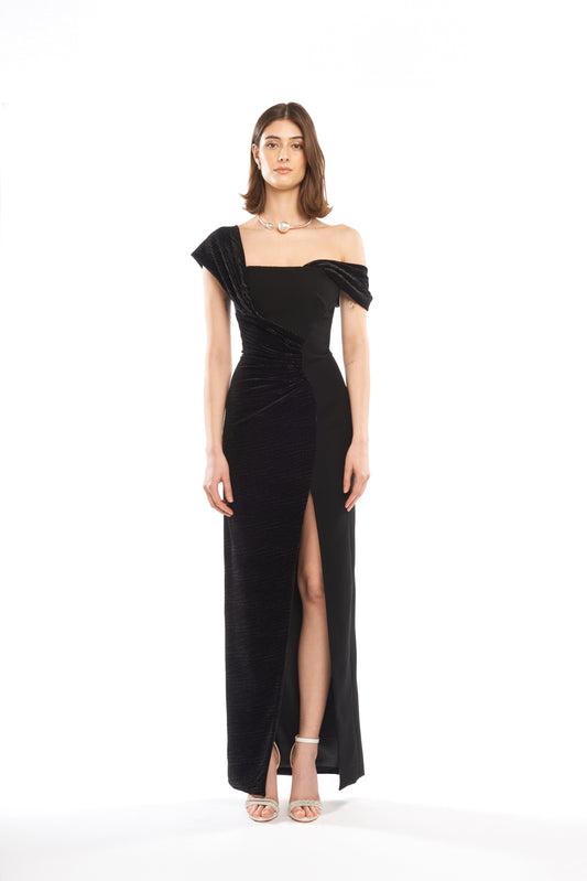 NEW ASYMMETRIC DRAPED COLUMN DRESS