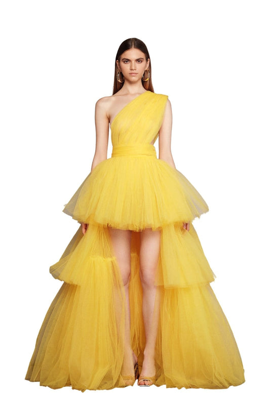 ANNA ONE SHOULDER YELLOW TIERED GOWN